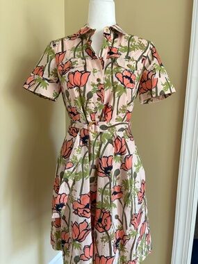 Tory Burch Peach Floral Belted Shirt Dress with Olive Stems